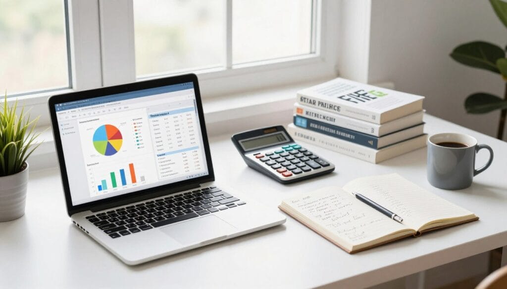 A bright, well-organized workspace showcasing various tools and resources for tracking FIRE (Financial Independence, Retire Early) progress. In the foreground, a sleek laptop open to a financial planning application, surrounded by colorful charts and graphs, alongside a notepad filled with handwritten notes and calculations. The middle ground features a modern calculator and a stack of financial books on personal finance and investment strategies. In the background, a large window lets in soft natural light, illuminating the scene and creating a calm, focused atmosphere. The desk is minimalist yet inviting, with a potted plant adding a touch of greenery, while a coffee mug sits nearby, signaling productivity. The mood is inspiring and organized, aimed at motivating viewers to take action towards their financial goals.