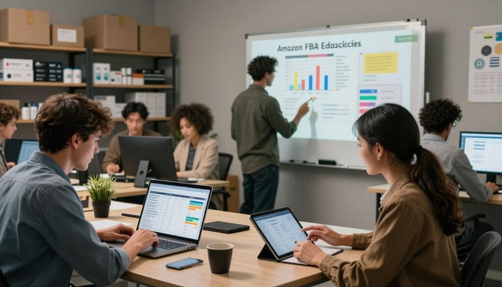 A bustling workspace showcasing a diverse group of professionals, focused on optimizing an Amazon FBA business. In the foreground, a man in business casual attire analyzes sales data on a laptop, while a woman in a smart jacket inputs inventory details on a tablet. In the middle ground, a large whiteboard displays colorful charts and strategies for improving sales and efficiency. The background features shelves stocked with products ready for shipment, emphasized by soft, ambient lighting that creates a productive atmosphere. The scene is captured with a wide-angle lens to convey the energy and collaboration in the room, evoking a sense of motivation and entrepreneurship in the modern e-commerce world.
