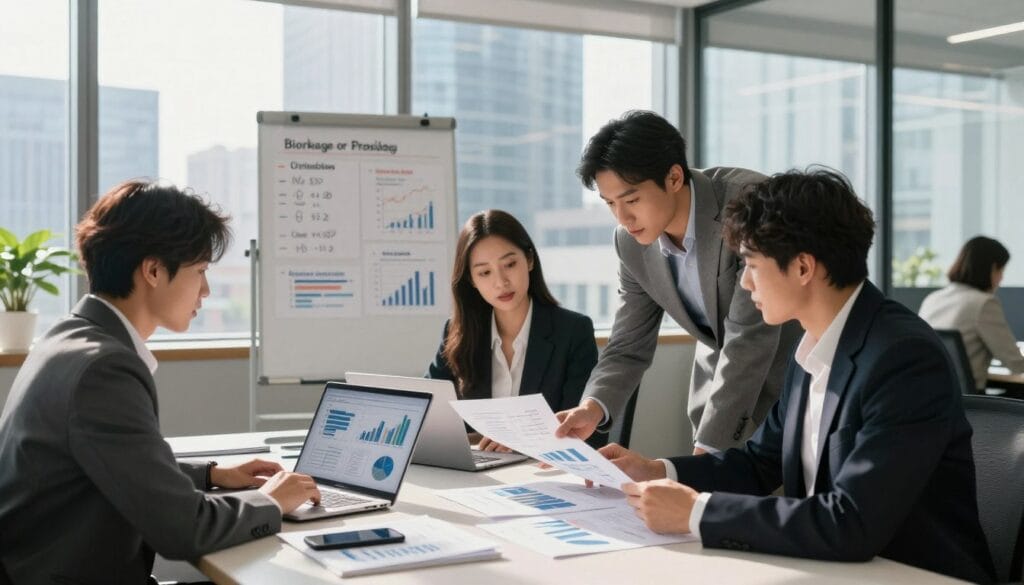 A busy, well-organized office environment filled with natural light filtering through large windows. In the foreground, a diverse group of three individuals—two men and one woman—dressed in professional business attire, are collaboratively reviewing multiple charts and graphs displayed on a laptop and printed documents on a sleek conference table. The middle ground features a whiteboard covered with brokerage options and investment strategies. In the background, a modern city skyline is visible, hinting at the financial district. The scene conveys a mood of focus and determination, with soft daylight casting gentle shadows for depth. Shot with a wide-angle lens, creating an inviting and dynamic atmosphere, emphasizing collaboration and informed decision-making in selecting a brokerage. A busy, well-organized office environment filled with natural light filtering through large windows. In the foreground, a diverse group of three individuals—two men and one woman—dressed in professional business attire, are collaboratively reviewing multiple charts and graphs displayed on a laptop and printed documents on a sleek conference table. The middle ground features a whiteboard covered with brokerage options and investment strategies. In the background, a modern city skyline is visible, hinting at the financial district. The scene conveys a mood of focus and determination, with soft daylight casting gentle shadows for depth. Shot with a wide-angle lens, creating an inviting and dynamic atmosphere, emphasizing collaboration and informed decision-making in selecting a brokerage.