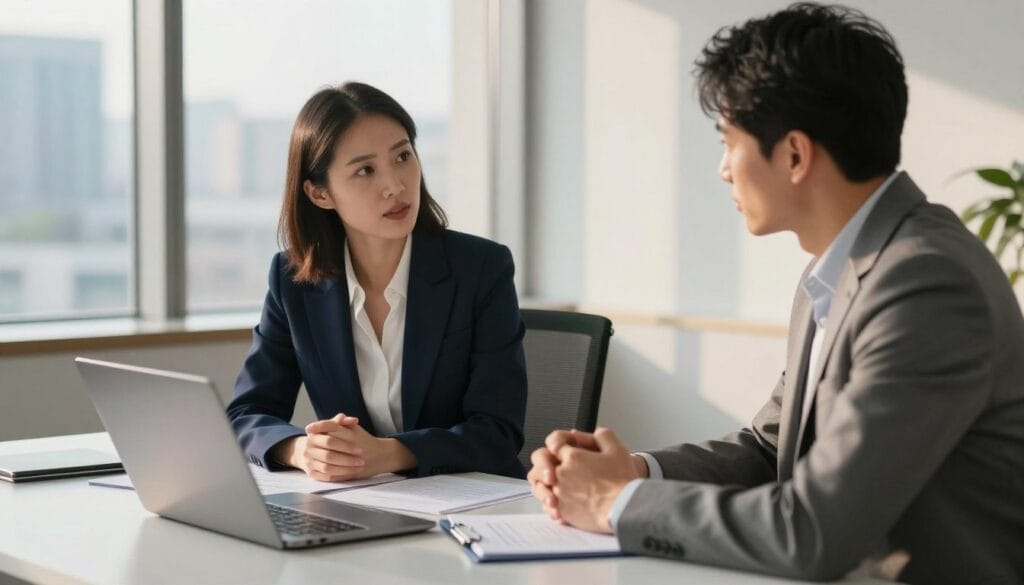A confident professional woman sitting at a sleek modern desk in an office environment, dressed in a tailored navy blazer and white blouse. She leans slightly forward, engaging in a discussion with a male colleague, who is wearing a smart gray suit. Both are focused, with expressions depicting determination and engagement. On the desk, there are documents and a laptop, indicating the negotiation context. The background features a large window with cityscape views, letting in warm afternoon light that casts soft shadows. The atmosphere is tense yet hopeful, showcasing a pivotal moment in the salary negotiation process, highlighting the importance of confidence and clarity. The angle is slightly elevated, emphasizing the interaction between the two figures. A confident professional woman sitting at a sleek modern desk in an office environment, dressed in a tailored navy blazer and white blouse. She leans slightly forward, engaging in a discussion with a male colleague, who is wearing a smart gray suit. Both are focused, with expressions depicting determination and engagement. On the desk, there are documents and a laptop, indicating the negotiation context. The background features a large window with cityscape views, letting in warm afternoon light that casts soft shadows. The atmosphere is tense yet hopeful, showcasing a pivotal moment in the salary negotiation process, highlighting the importance of confidence and clarity. The angle is slightly elevated, emphasizing the interaction between the two figures.