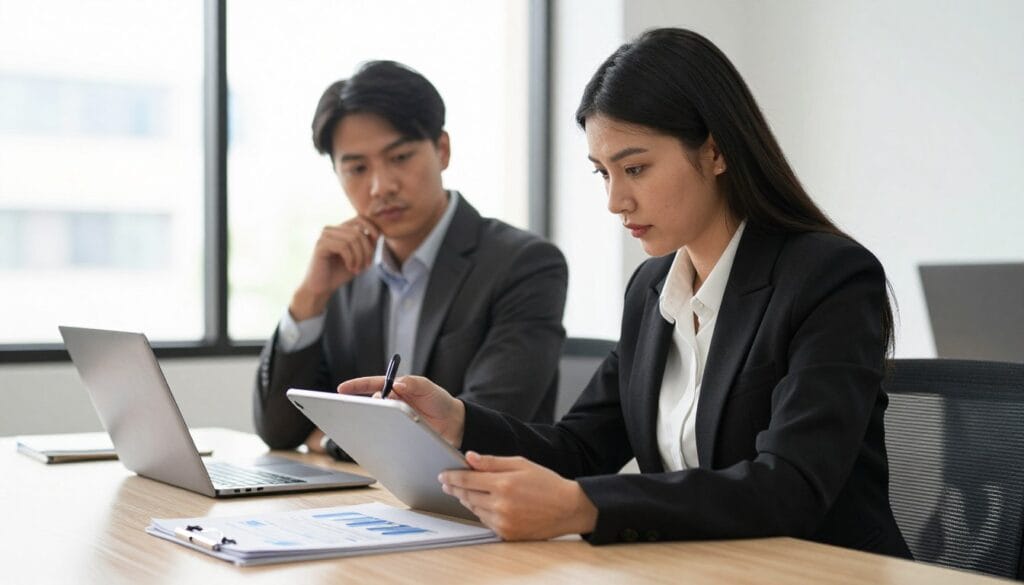 A confident young woman, dressed in a sharp business suit, sits at a modern conference table during a salary negotiation. She leans slightly forward with a determined yet approachable expression, gesturing with a pen while reviewing a contract on a tablet. In the foreground, a stack of documents and a laptop with charts showcasing compensation details is visible. In the middle, a male hiring manager, also in professional attire, appears thoughtful and engaged. The background contains an office setting with large windows letting in soft, natural light, creating a warm and inviting atmosphere. The scene captures the tension and professionalism of a salary negotiation, highlighting empowerment and collaboration. The composition is shot from a slightly low angle to emphasize the confidence of the main subject. A confident young woman, dressed in a sharp business suit, sits at a modern conference table during a salary negotiation. She leans slightly forward with a determined yet approachable expression, gesturing with a pen while reviewing a contract on a tablet. In the foreground, a stack of documents and a laptop with charts showcasing compensation details is visible. In the middle, a male hiring manager, also in professional attire, appears thoughtful and engaged. The background contains an office setting with large windows letting in soft, natural light, creating a warm and inviting atmosphere. The scene captures the tension and professionalism of a salary negotiation, highlighting empowerment and collaboration. The composition is shot from a slightly low angle to emphasize the confidence of the main subject.