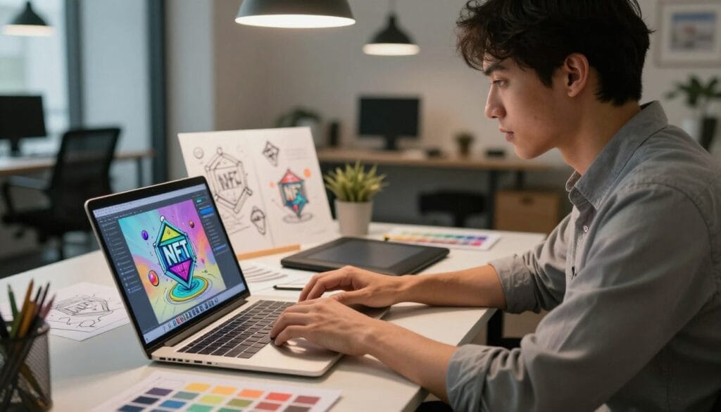 A creative workspace featuring a focused, professional young adult in business attire, intently working on a laptop to create and mint their own NFT. In the foreground, the laptop displays vibrant digital artwork with blockchain elements subtly integrated into the design. The middle ground includes sketches of unique NFT ideas scattered around a stylish desk, along with digital tools like a graphics tablet and color swatches. The background shows a modern office environment with ambient lighting that evokes a sense of innovation and creativity. Soft, warm light filters through a window, creating an inspiring atmosphere that highlights the excitement of the NFT creation process.