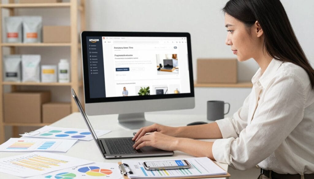 A creative workspace featuring a professional woman in her 30s, dressed in smart casual attire, focused intently on her laptop. She is sitting at a desk cluttered with colorful charts, keyword lists, and a smartphone displaying an Amazon seller app. In the foreground, a clipboard with notes about optimizing product listings is visible. The middle ground showcases a large monitor with a sleek Amazon product listing interface, highlighting well-structured titles and attractive images. The background reveals soft-focused shelves filled with packaged products ready for shipping. The lighting is bright and inviting, creating a productive and inspiring atmosphere. The overall mood is energetic and motivational, conveying the essence of preparing a successful online product launch.