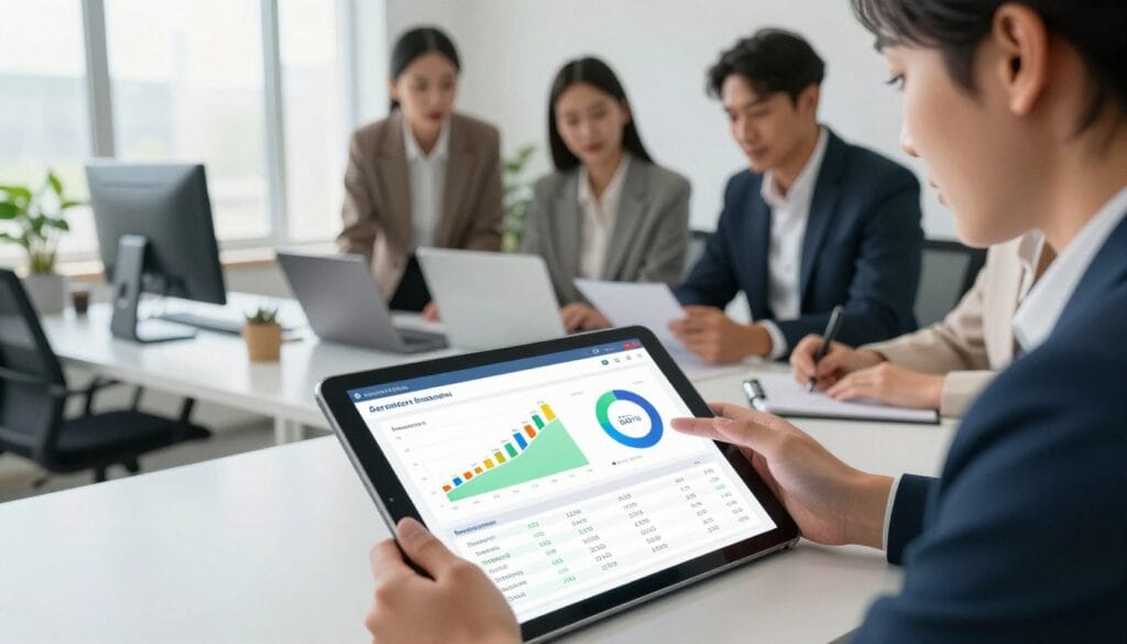 A detailed and informative cost analysis scene illustrating various ecommerce platforms over three years. In the foreground, a sleek digital tablet displays colorful graphs, charts, and numerical data comparing costs, with subtle reflections on the glass surface. In the middle ground, a diverse group of professionals in business attire—two men and two women—are engaged in a discussion, intently observing the tablet. They are surrounded by office elements such as a modern desk and stylish chairs. The background features a bright, modern workspace with large windows letting in soft natural light, casting gentle shadows. The atmosphere is collaborative and focused, embodying a sense of innovation and forward-thinking in ecommerce analysis. Capture it with a slight overhead angle to emphasize both the tablet and the group engagement, enhancing the narrative of teamwork around the cost analysis. A detailed and informative cost analysis scene illustrating various ecommerce platforms over three years. In the foreground, a sleek digital tablet displays colorful graphs, charts, and numerical data comparing costs, with subtle reflections on the glass surface. In the middle ground, a diverse group of professionals in business attire—two men and two women—are engaged in a discussion, intently observing the tablet. They are surrounded by office elements such as a modern desk and stylish chairs. The background features a bright, modern workspace with large windows letting in soft natural light, casting gentle shadows. The atmosphere is collaborative and focused, embodying a sense of innovation and forward-thinking in ecommerce analysis. Capture it with a slight overhead angle to emphasize both the tablet and the group engagement, enhancing the narrative of teamwork around the cost analysis.