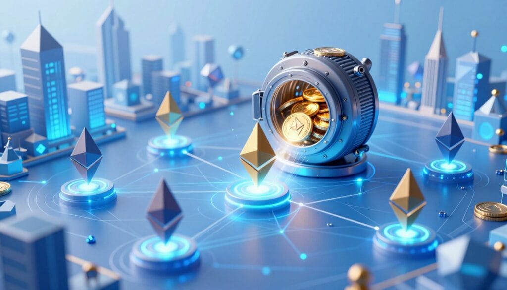 A detailed overview of Ethereum staking, showcasing a digital landscape representing the Ethereum network. In the foreground, prominently display vibrant Ethereum logos and stylized staking nodes connected by luminous lines, symbolizing network connectivity. In the middle ground, illustrate a dynamic visual of a secure digital vault filled with glowing coins, representing the concept of staking rewards. The background should feature a modern cityscape made of geometric shapes and blockchain elements, bathed in a soft, blue digital glow to evoke a sense of technological advancement. Use bright, ethereal lighting to enhance the mood of innovation and security. Employ a slightly aerial angle to provide depth, making the scene feel expansive and interconnected.