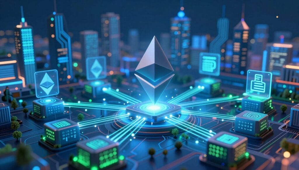 A detailed overview of the Ethereum blockchain network, depicting a vibrant digital landscape. In the foreground, intricate blocks representing transactions interconnected by glowing lines symbolize data flow. The middle ground features stylized nodes and smart contracts, illuminated by soft blue and green lights, creating a technological vibe. In the background, an abstract city skyline made of circuit patterns stretches out, hinting at the vastness of the network. The scene is captured from a slightly elevated perspective to provide depth, with a focus on clarity and structure. The atmosphere is dynamic and futuristic, embodying innovation and connectivity in the cryptocurrency realm. Use dramatic lighting to emphasize key components, creating a sense of movement and energy throughout the image.