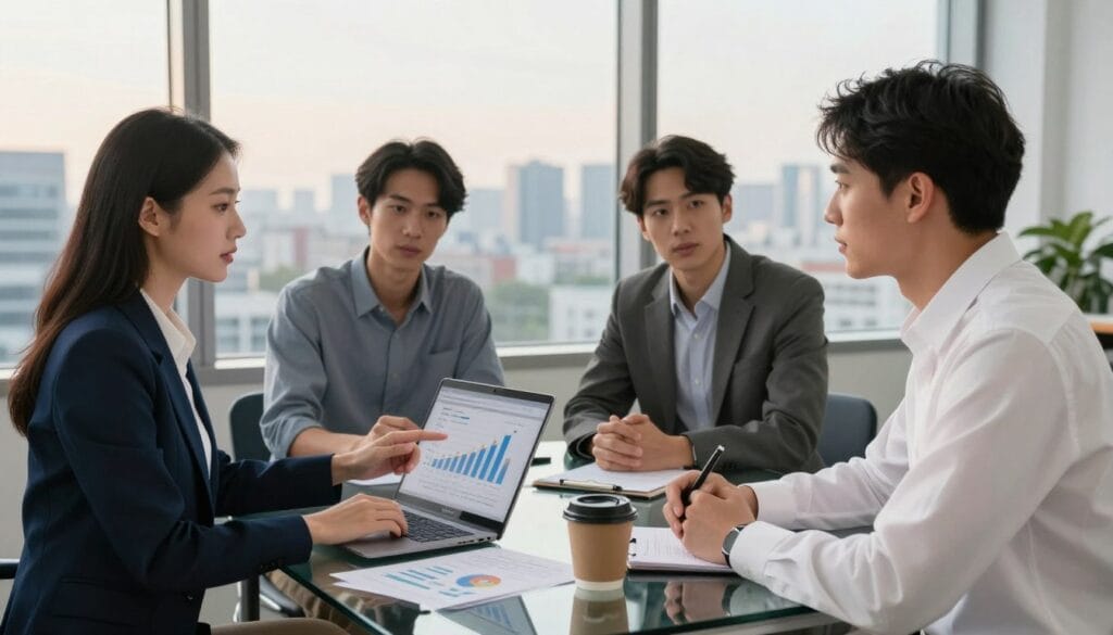 A diverse group of four professionals, depicted in a bright, modern office environment, engage in a salary negotiation meeting. In the foreground, a confident woman in a tailored navy suit gestures towards a chart on a sleek laptop, while a man in a crisp white shirt listens intently, taking notes. In the middle, a casual conversation unfolds among colleagues brainstorming around a glass table filled with documents and a coffee cup. The background showcases a panoramic window view of a bustling cityscape, bathed in warm evening light, creating an inviting yet serious atmosphere. The composition emphasizes teamwork and strategy, using natural lighting to highlight the expressions of confidence and determination on their faces. The overall mood is professional and focused, capturing the essence of negotiation strategies without any text or clutter.