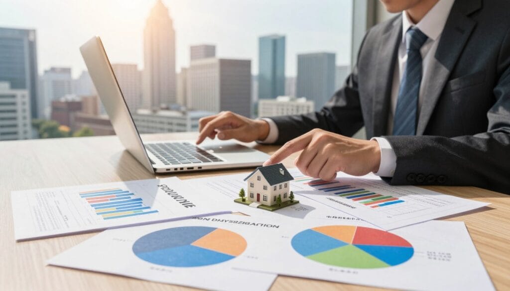 A dynamic and illustrative scene showcasing the importance of diversification in a financial portfolio. Foreground features a neatly arranged table displaying diverse investment options: stocks, bonds, real estate miniatures, and mutual funds represented by colorful pie charts. In the middle, a professional businessperson in formal attire is actively analyzing these investments with a laptop open, showing graphs and data. The background highlights a city skyline with financial buildings, symbolizing a thriving market environment, bathed in bright and warm sunlight. The atmosphere conveys optimism and strategic thinking, with soft shadows and a slight depth of field effect to emphasize the central figure and table. High-resolution imagery with vibrant colors enhances the visual appeal while maintaining clarity and professionalism.