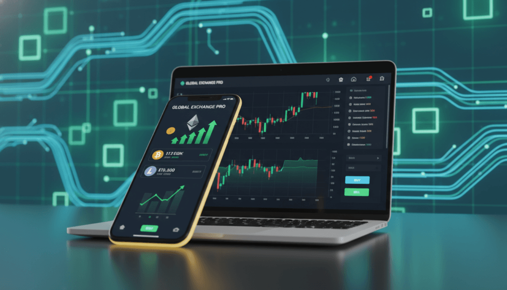 A dynamic and informative scene showcasing a range of Bitcoin wallets and exchanges, set against a sleek, modern digital backdrop. In the foreground, an open digital wallet interface displays various cryptocurrency balances on a smartphone, illuminated with a soft glow. To one side, a laptop screen shows a cryptocurrency exchange platform with graphs and trading options visible. In the background, abstract representations of blockchain technology and digital currency flow are shown in a flowing, vibrant blue and green color palette, symbolizing connectivity and innovation. The atmosphere feels modern and tech-savvy, with sharp lighting that highlights the devices. Capture this at a slight angle to provide depth, maintaining a professional and clean aesthetic, emphasizing the theme of secure, digital finance solutions. A dynamic and informative scene showcasing a range of Bitcoin wallets and exchanges, set against a sleek, modern digital backdrop. In the foreground, an open digital wallet interface displays various cryptocurrency balances on a smartphone, illuminated with a soft glow. To one side, a laptop screen shows a cryptocurrency exchange platform with graphs and trading options visible. In the background, abstract representations of blockchain technology and digital currency flow are shown in a flowing, vibrant blue and green color palette, symbolizing connectivity and innovation. The atmosphere feels modern and tech-savvy, with sharp lighting that highlights the devices. Capture this at a slight angle to provide depth, maintaining a professional and clean aesthetic, emphasizing the theme of secure, digital finance solutions.