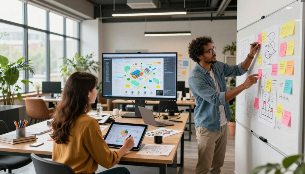 A modern, collaborative workspace scene featuring two diverse professionals, one woman and one man, engaged in a creative brainstorming session. In the foreground, the woman is drawing on a digital tablet, while the man presents colorful sticky notes on a vertical whiteboard filled with vibrant diagrams and concepts. The middle ground includes an array of advanced collaboration tools such as a large screen displaying a visual project map and scattered design sketches and laptops. The background features floor-to-ceiling windows with natural light pouring in, illuminating a stylish office with greenery and comfortable furniture. The atmosphere is dynamic and innovative, conveying teamwork and creativity, with a warm color palette that evokes inspiration and productivity. Use a wide-angle lens for an expansive view, capturing the excitement of collaboration in a modern work environment. A modern, collaborative workspace scene featuring two diverse professionals, one woman and one man, engaged in a creative brainstorming session. In the foreground, the woman is drawing on a digital tablet, while the man presents colorful sticky notes on a vertical whiteboard filled with vibrant diagrams and concepts. The middle ground includes an array of advanced collaboration tools such as a large screen displaying a visual project map and scattered design sketches and laptops. The background features floor-to-ceiling windows with natural light pouring in, illuminating a stylish office with greenery and comfortable furniture. The atmosphere is dynamic and innovative, conveying teamwork and creativity, with a warm color palette that evokes inspiration and productivity. Use a wide-angle lens for an expansive view, capturing the excitement of collaboration in a modern work environment.