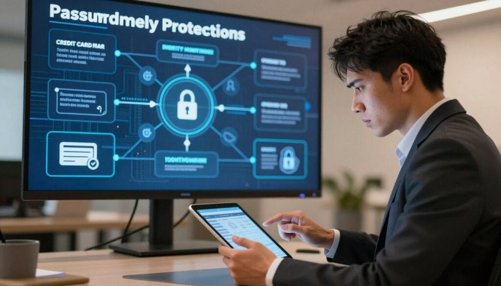 A modern office environment serving as the backdrop, with a large screen displaying various identity theft protection strategies, such as password management tools, identity monitoring services, and secure browsing icons. In the foreground, a professional individual in business attire analyzes data on a tablet, looking focused and concerned. In the middle ground, a digital flowchart visualizing different types of identity theft—such as credit card fraud, social security theft, and phishing—integrates seamlessly with the screen. The background features an abstract representation of digital security, like locks and shields. Soft, warm lighting creates a serious yet informative atmosphere, while a slight depth of field emphasizes the individual and the tablet. The angle is slightly tilted from above, giving a comprehensive view of the scene.