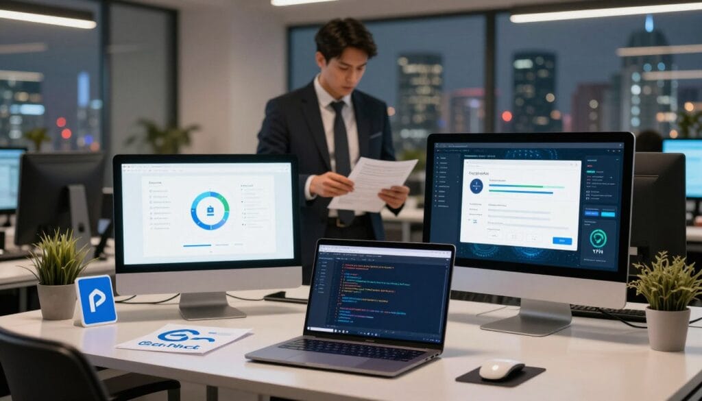 A modern office environment showcasing various open-source cybersecurity tools. In the foreground, a sleek computer desk is adorned with vibrant open-source logos, featuring a laptop displaying code and security analytics on the screen. Beside it, a desktop monitor shows a firewall interface, surrounded by tools like a VPN graph and an antivirus dashboard. In the middle ground, a professional wearing business attire reviews a cybersecurity plan on printed documents, exuding focus and determination. The background hints at a digital city skyline visible through a large window, with soft ambient lighting casting a warm glow throughout the room. The atmosphere is one of innovation and security, reflecting a proactive approach to business protection in a budget-friendly manner.