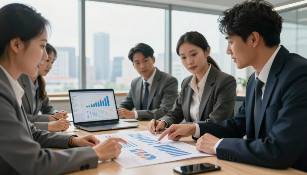 A modern office scene showcasing business credit and financial transparency. In the foreground, a diverse group of professionals in formal business attire, engaged in a discussion over a large financial report displayed on the table, pointing at key figures and charts. The middle ground features a sleek laptop open with graphs and spreadsheets visible on the screen, emphasizing data. In the background, large windows let in natural light, revealing a skyline that symbolizes growth and opportunity. The mood is collaborative and focused, with warm lighting creating an inviting atmosphere. Use a slightly low angle to capture the expertise of the professionals and the importance of their discussion. The overall composition should feel optimistic and professional. A modern office scene showcasing business credit and financial transparency. In the foreground, a diverse group of professionals in formal business attire, engaged in a discussion over a large financial report displayed on the table, pointing at key figures and charts. The middle ground features a sleek laptop open with graphs and spreadsheets visible on the screen, emphasizing data. In the background, large windows let in natural light, revealing a skyline that symbolizes growth and opportunity. The mood is collaborative and focused, with warm lighting creating an inviting atmosphere. Use a slightly low angle to capture the expertise of the professionals and the importance of their discussion. The overall composition should feel optimistic and professional.