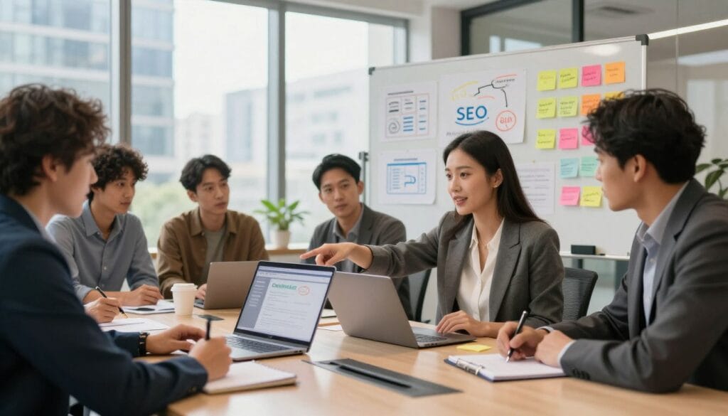 A modern office setting filled with natural light, featuring a diverse group of professionals brainstorming marketing strategies around a sleek conference table. In the foreground, a woman in business attire enthusiastically points to a digital presentation on a laptop, while a man nearby takes notes. The middle ground showcases colorful sticky notes and charts on a whiteboard, illustrating various marketing concepts like social media, SEO, and email campaigns. In the background, large windows reveal a bustling cityscape, emphasizing a dynamic business environment. The mood is collaborative and innovative, with a warm, inviting atmosphere emphasized by soft, diffused lighting. The camera angle captures the vibrancy of the scene, highlighting teamwork and creativity. The image should be free of any text, logos, or watermarks.