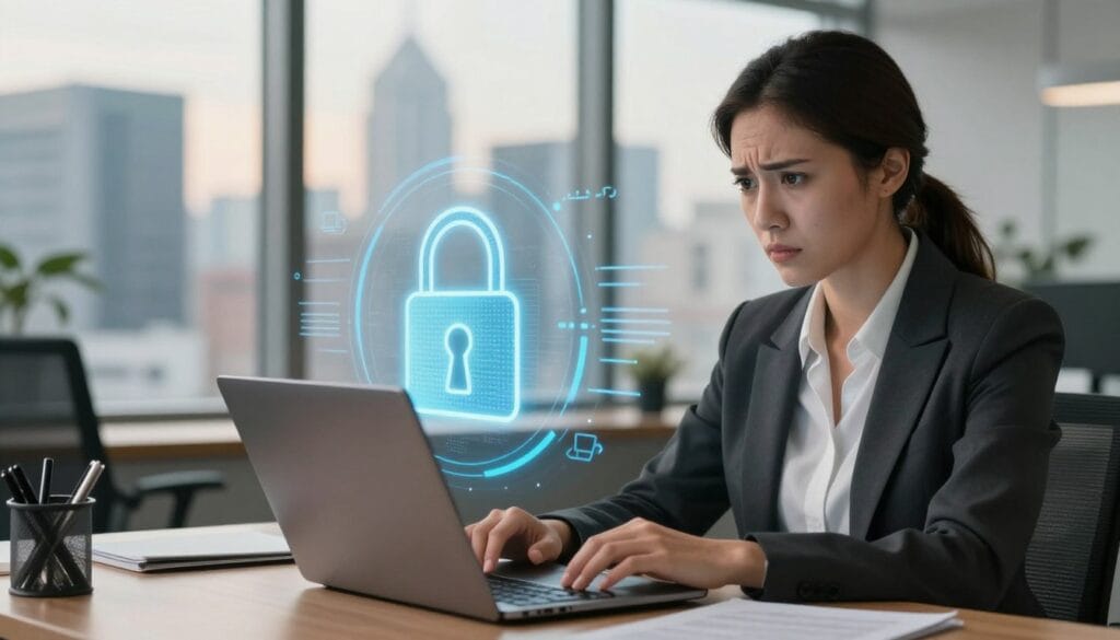 A modern office setting in the foreground, featuring a professional woman in business attire, examining her laptop screen with a concerned expression, symbolizing the awareness of identity theft. In the middle ground, a digital lock graphic overlays the screen, representing security and protection. The background displays a cityscape through a large window, hinting at the broader implications of identity theft. Soft, warm lighting creates an inviting atmosphere, while the focus is sharp on the woman and the digital elements, emphasizing the importance of vigilance. The overall mood conveys urgency and the pressing need for identity theft protection, while maintaining a professional tone throughout the composition.