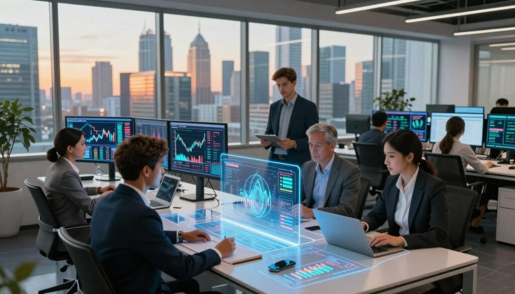 A modern office space depicting AI-driven innovations in financial operations. In the foreground, a diverse group of professionals dressed in formal business attire, engaged around a sleek, high-tech table featuring holographic financial data projections. The middle ground showcases advanced screens displaying real-time graphs, cryptocurrency trends, and artificial intelligence algorithms in action. The background features large windows with a view of a futuristic city skyline, illuminated by warm, natural light reflecting off the glass. The atmosphere is vibrant and dynamic, conveying a sense of forward momentum and collaboration. Opt for a slightly elevated angle to capture the depth of the scene and emphasize the integration of technology in finance.