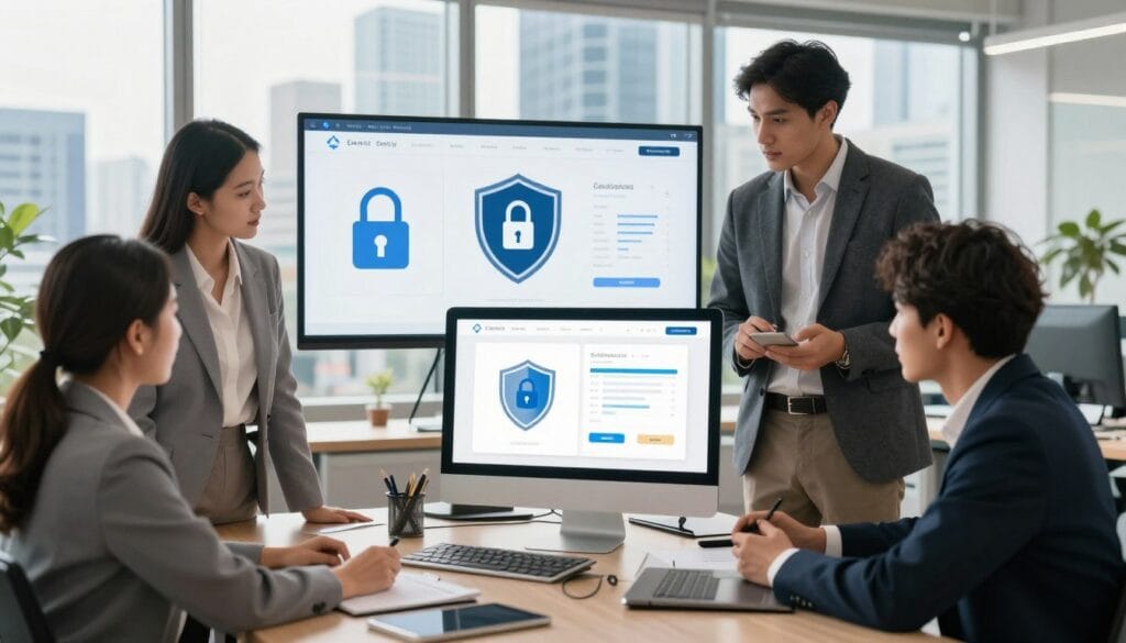 A modern, secure ecommerce platform interface displayed on a sleek computer monitor in a well-lit office setting. In the foreground, a diverse group of professional individuals in business attire is engaged in a discussion, analyzing digital security measures. The middle ground features elements such as padlocks and shield icons symbolizing security, alongside graphs illustrating compliance metrics. The background displays a futuristic city skyline through a large window, hinting at innovation and progress. The scene is illuminated by natural light, creating a warm and inviting atmosphere while also emphasizing professionalism. The composition uses a wide-angle lens to capture the collaborative mood, representing community and trust in online shopping environments. A modern, secure ecommerce platform interface displayed on a sleek computer monitor in a well-lit office setting. In the foreground, a diverse group of professional individuals in business attire is engaged in a discussion, analyzing digital security measures. The middle ground features elements such as padlocks and shield icons symbolizing security, alongside graphs illustrating compliance metrics. The background displays a futuristic city skyline through a large window, hinting at innovation and progress. The scene is illuminated by natural light, creating a warm and inviting atmosphere while also emphasizing professionalism. The composition uses a wide-angle lens to capture the collaborative mood, representing community and trust in online shopping environments.