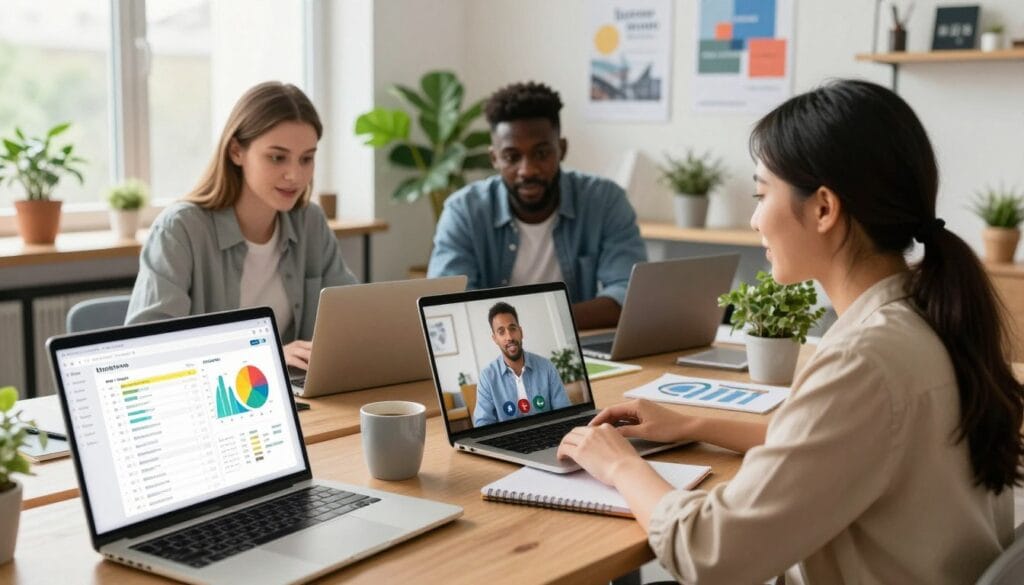 A modern workspace depicting a diverse group of remote team members collaborating on project management apps. In the foreground, a laptop displays colorful charts and task lists with a coffee mug beside it. The middle layer features a group of three professionals – a Caucasian woman, a Black man, and an Asian woman – all dressed in smart casual attire, engaged in a video call on their laptops, showcasing expressions of concentration and teamwork. The background reveals a cozy, well-lit office environment with plants and motivational posters, conveying a vibrant and productive atmosphere. Soft, natural light streams in through a window, enhancing the inviting mood. The angle is slightly above eye level, providing a clear view of both the screen and the engaged faces of the team members, emphasizing collaboration in a remote setting. A modern workspace depicting a diverse group of remote team members collaborating on project management apps. In the foreground, a laptop displays colorful charts and task lists with a coffee mug beside it. The middle layer features a group of three professionals – a Caucasian woman, a Black man, and an Asian woman – all dressed in smart casual attire, engaged in a video call on their laptops, showcasing expressions of concentration and teamwork. The background reveals a cozy, well-lit office environment with plants and motivational posters, conveying a vibrant and productive atmosphere. Soft, natural light streams in through a window, enhancing the inviting mood. The angle is slightly above eye level, providing a clear view of both the screen and the engaged faces of the team members, emphasizing collaboration in a remote setting.