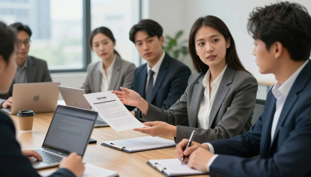 A professional business negotiation setting, featuring a diverse group of individuals engaged in a salary discussion. In the foreground, a confident woman in a tailored suit gestures towards a document, symbolizing a salary offer, while a man in professional attire listens attentively, taking notes on a notepad. In the middle ground, a negotiation table is adorned with laptops, papers, and a coffee cup, adding to the business atmosphere. In the background, a modern office environment, with large windows letting in natural light, hints at a cosmopolitan city view. The mood is focused and assertive, capturing the essence of professional negotiation. Use soft, diffused lighting to highlight the expressions and interactions, with a slight depth of field to emphasize the subjects.