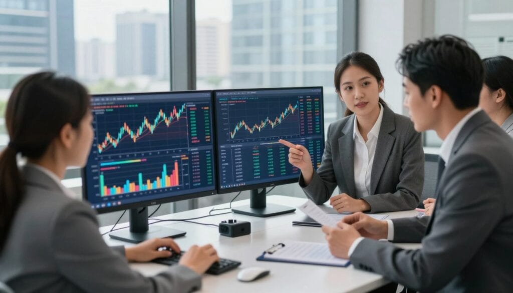 A professional financial advisor at a sleek office desk, analyzing complex investment data on multiple screens. In the foreground, a diverse group of investors—two men and a woman—all dressed in professional attire, discuss strategies with focused expressions. The middle ground features graphs showing risk metrics and fee structures, with vibrant colors representing fluctuating market trends. The background includes a modern city skyline visible through large windows, symbolizing economic growth and ambition. The lighting is bright and clear, creating an atmosphere of optimism and determination. Use a slight tilt-shift effect to emphasize the subjects while maintaining the broader context of the bustling finance world. The overall mood is collaborative yet analytical, illustrating the intricacies of navigating investment challenges. A professional financial advisor at a sleek office desk, analyzing complex investment data on multiple screens. In the foreground, a diverse group of investors—two men and a woman—all dressed in professional attire, discuss strategies with focused expressions. The middle ground features graphs showing risk metrics and fee structures, with vibrant colors representing fluctuating market trends. The background includes a modern city skyline visible through large windows, symbolizing economic growth and ambition. The lighting is bright and clear, creating an atmosphere of optimism and determination. Use a slight tilt-shift effect to emphasize the subjects while maintaining the broader context of the bustling finance world. The overall mood is collaborative yet analytical, illustrating the intricacies of navigating investment challenges.
