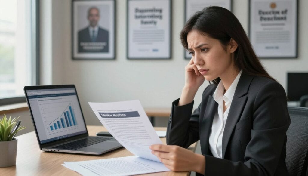 A professional office environment, conveying a sense of security and vigilance regarding identity theft. In the foreground, a focused young woman in smart business attire examines documents with a look of concern; some papers feature visible warning signs illustrating identity theft indicators, like unauthorized transactions. In the middle ground, a laptop displays a graph tracking personal information breaches, casting a soft glow on her face. The background features a wall with framed success stories of individuals who took proactive steps against identity theft, reinforcing a proactive atmosphere. The room is well-lit with natural light streaming through a window, creating an inviting yet serious mood. The composition focuses on the woman, highlighting the importance of awareness and vigilance in identity theft protection.