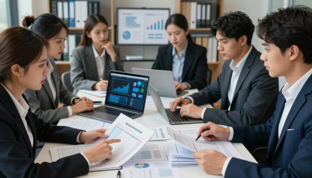 A professional office environment showcasing a diverse group of individuals, all clad in business attire, engaged in deep discussion around a large table filled with paperwork and laptops. In the foreground, a concerned woman points at a complex spreadsheet related to cryptocurrency transactions, while a man beside her reviews stacks of documents that highlight various tax challenges. The middle ground features an open laptop displaying graphs and digital currency icons. In the background, shelves filled with financial books and charts reflect the ongoing theme of reporting difficulties. Soft, diffused lighting creates a focused yet collaborative atmosphere, and the angle captures the intensity of the discussion, emphasizing both determination and the complexities of cryptocurrency taxes.