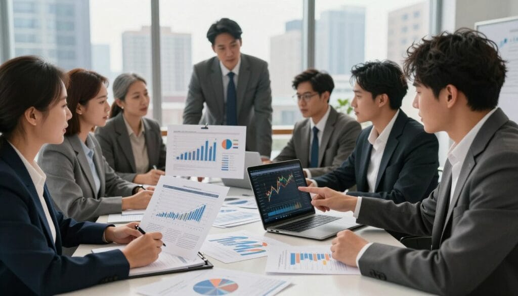 A professional office setting showcasing a diverse group of individuals in business attire, engaged in a thoughtful discussion around a large table covered with financial documents, charts, and graphs. In the foreground, focus on a middle-aged woman analyzing a financial chart, while a young man points to a market trend on a laptop screen. In the middle, various charts illustrating market fluctuations and economic factors, like inflation and interest rates, are pinned to a board. In the background, tall windows reveal a city skyline, bathed in warm, natural light. The atmosphere is serious yet collaborative, reflecting the strategic planning involved in the FIRE (Financial Independence, Retire Early) movement. Soft shadows add depth, and the image captures an optimistic outlook towards financial freedom. A professional office setting showcasing a diverse group of individuals in business attire, engaged in a thoughtful discussion around a large table covered with financial documents, charts, and graphs. In the foreground, focus on a middle-aged woman analyzing a financial chart, while a young man points to a market trend on a laptop screen. In the middle, various charts illustrating market fluctuations and economic factors, like inflation and interest rates, are pinned to a board. In the background, tall windows reveal a city skyline, bathed in warm, natural light. The atmosphere is serious yet collaborative, reflecting the strategic planning involved in the FIRE (Financial Independence, Retire Early) movement. Soft shadows add depth, and the image captures an optimistic outlook towards financial freedom.