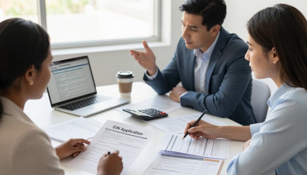 A professional office setting with a diverse group of three people (a Black woman, a Hispanic man, and a Caucasian woman) engaged in discussion over a table filled with paperwork and a laptop displaying forms for obtaining an EIN. In the foreground, focus on a form titled "EIN Application" and other identification paperwork neatly organized. In the middle, include a coffee cup and a calculator, highlighting a collaborative work environment. The background features a large window with natural light streaming in, adding warmth to the atmosphere. Capture a sense of determination and teamwork, with the lighting soft yet bright, and shoot from a slightly elevated angle to show the dynamic interaction among the individuals. A professional office setting with a diverse group of three people (a Black woman, a Hispanic man, and a Caucasian woman) engaged in discussion over a table filled with paperwork and a laptop displaying forms for obtaining an EIN. In the foreground, focus on a form titled "EIN Application" and other identification paperwork neatly organized. In the middle, include a coffee cup and a calculator, highlighting a collaborative work environment. The background features a large window with natural light streaming in, adding warmth to the atmosphere. Capture a sense of determination and teamwork, with the lighting soft yet bright, and shoot from a slightly elevated angle to show the dynamic interaction among the individuals.