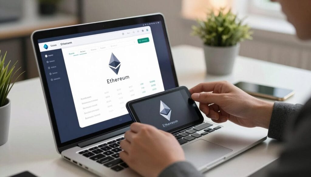 A sleek, modern Ethereum wallet interface displayed on a high-resolution laptop screen in an office setting. The foreground features detailed graphics of the Ethereum logo and a stylized digital ledger showing various cryptocurrencies and balance statistics. In the middle, a pair of hands clad in professional business attire interacts with the wallet's touchscreen, showcasing secure transaction management. The background reveals a contemporary workspace with soft, ambient lighting, incorporating elements like potted plants and minimalist decor, creating a calm and focused atmosphere. The image is captured from a slight overhead angle to emphasize the wallet's features, exuding a sense of professionalism and digital sophistication, suitable for beginners exploring cryptocurrency management.