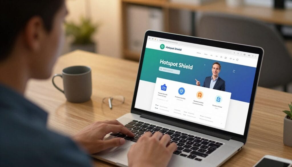 A sleek, modern digital workspace showcasing a vibrant overview of Hotspot Shield VPN. In the foreground, a laptop screen displays the Hotspot Shield interface, featuring its key features and a user-friendly design. The middle ground has a professional individual in business attire, focused on the screen, navigating through the VPN's options with a thoughtful expression. In the background, a softly blurred office environment with warm lighting creates a welcoming and secure atmosphere, highlighting the concept of digital privacy. The image should evoke feelings of safety and confidence, emphasizing advanced technology and user empowerment in online security. Use a slight overhead angle and a shallow depth of field to bring attention to the laptop and user while subtly emphasizing the workspace.