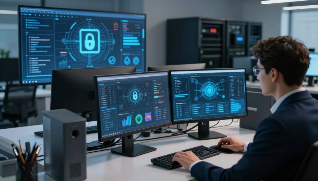 A sleek, modern office environment showcasing a collection of cybersecurity tools designed for business protection. In the foreground, display a high-tech computer workstation with dual monitors, showing sophisticated security software interfaces and data analytics. Include a professional individual in business attire, actively monitoring the systems. In the middle ground, integrate a smart digital board displaying various cybersecurity icons and threat alerts. The background features a blurred view of an office space with protective hardware like firewalls and servers. Use dramatic, soft lighting to create a focused atmosphere that conveys urgency and professionalism. The angle should be slightly elevated, offering a comprehensive view of the tools in action, emphasizing innovation and security.