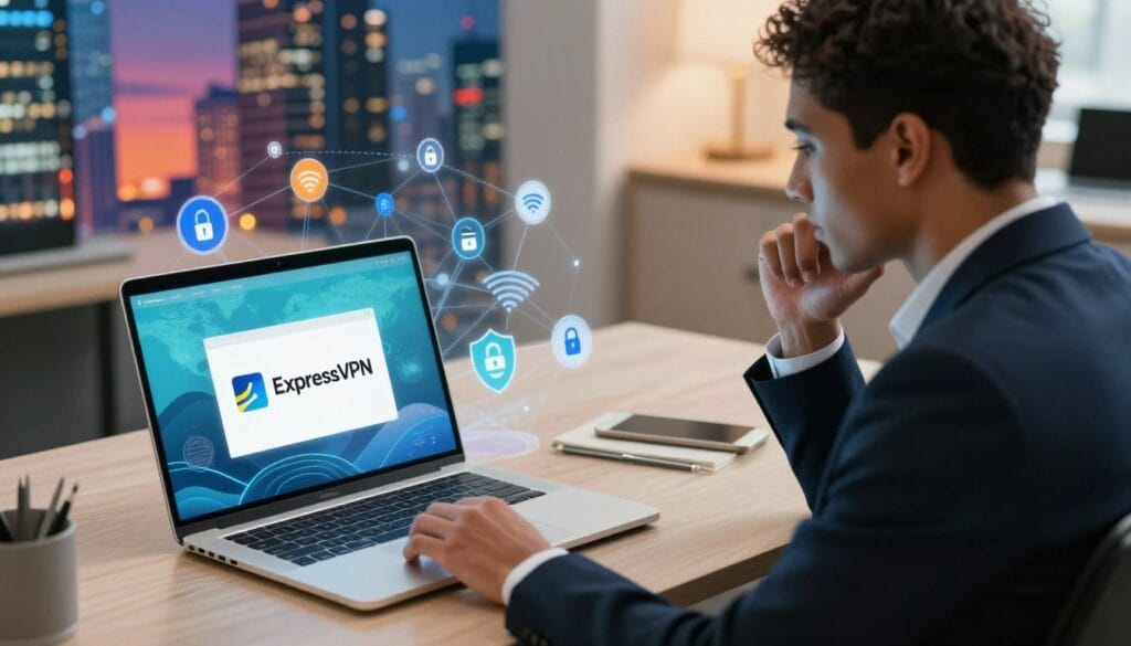 A sleek, modern workspace featuring a high-resolution laptop displaying the ExpressVPN logo on its screen, surrounded by digital security icons like locks and shields. In the foreground, a person of diverse descent, dressed in professional business attire, sits confidently, engaging with the laptop, with a thoughtful expression. In the middle, a stylized view of virtual landscapes and streaming symbols, displaying seamless connectivity and user-friendly interface. The background features blurred images of vibrant cityscapes, symbolizing global accessibility and fast connections, with soft, ambient lighting creating a welcoming atmosphere. The angle captures a slightly elevated view to enhance depth, ensuring a clear focus on the VPN application usage. Overall, the mood is one of trust, efficiency, and modern technology.