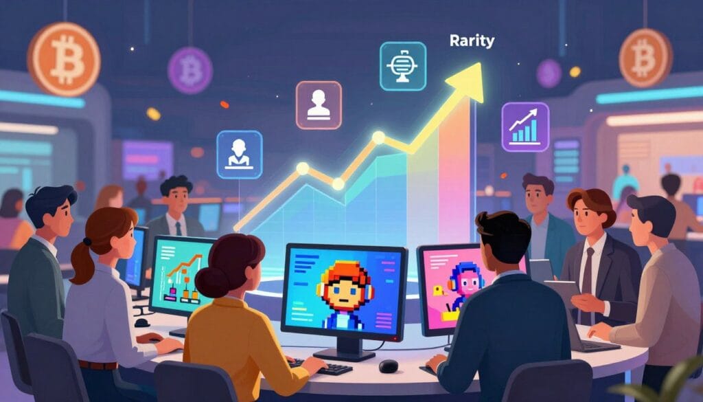 A vibrant and dynamic illustration depicting the factors driving NFT value and market dynamics. In the foreground, a diverse group of individuals dressed in professional business attire are enthusiastically discussing colorful NFT artworks displayed on digital screens, showcasing various styles like pixel art and 3D models. In the middle, a stylized graph rises upward with icons representing rarity, creator reputation, and market demand intertwined with blockchain motifs. The background features a bustling digital marketplace filled with abstract representations of cryptocurrency symbols, adding a sense of movement and energy. Soft, ambient lighting enhances the futuristic atmosphere, while a shallow depth of field focuses on the engaged individuals in the foreground, inviting viewers to explore the world of NFTs.