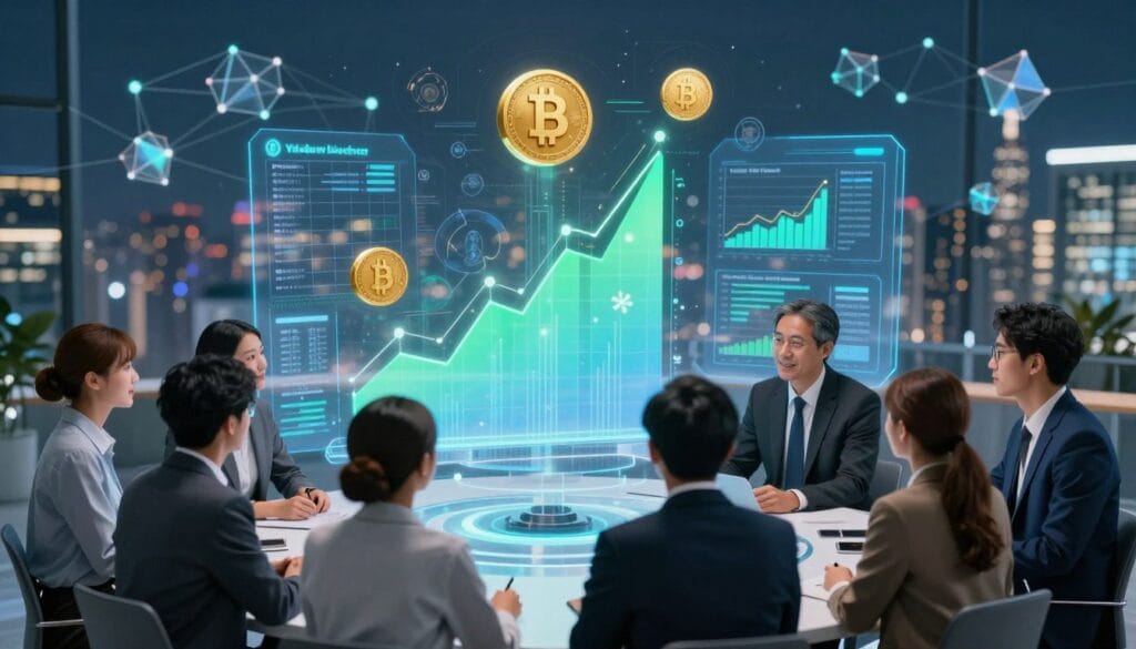 A vibrant and dynamic scene depicting the concept of lending and yield farming in decentralized finance (DeFi). In the foreground, a diverse group of professionals in smart business attire are engaged in discussion around a futuristic digital dashboard displaying financial charts and cryptocurrency icons. In the middle ground, stylized graphs and tokens representing yield farming and lending protocols float in a high-tech, holographic interface, illuminated by soft blue and green lights. The background features an abstract, interconnected network of blockchain nodes with a city skyline hinting at innovation and growth. The atmosphere is energetic and optimistic, symbolizing the evolution of finance in a digital world. The scene is shot from a slightly elevated angle with a shallow depth of field, enhancing the focus on the professionals and the digital elements. A vibrant and dynamic scene depicting the concept of lending and yield farming in decentralized finance (DeFi). In the foreground, a diverse group of professionals in smart business attire are engaged in discussion around a futuristic digital dashboard displaying financial charts and cryptocurrency icons. In the middle ground, stylized graphs and tokens representing yield farming and lending protocols float in a high-tech, holographic interface, illuminated by soft blue and green lights. The background features an abstract, interconnected network of blockchain nodes with a city skyline hinting at innovation and growth. The atmosphere is energetic and optimistic, symbolizing the evolution of finance in a digital world. The scene is shot from a slightly elevated angle with a shallow depth of field, enhancing the focus on the professionals and the digital elements.