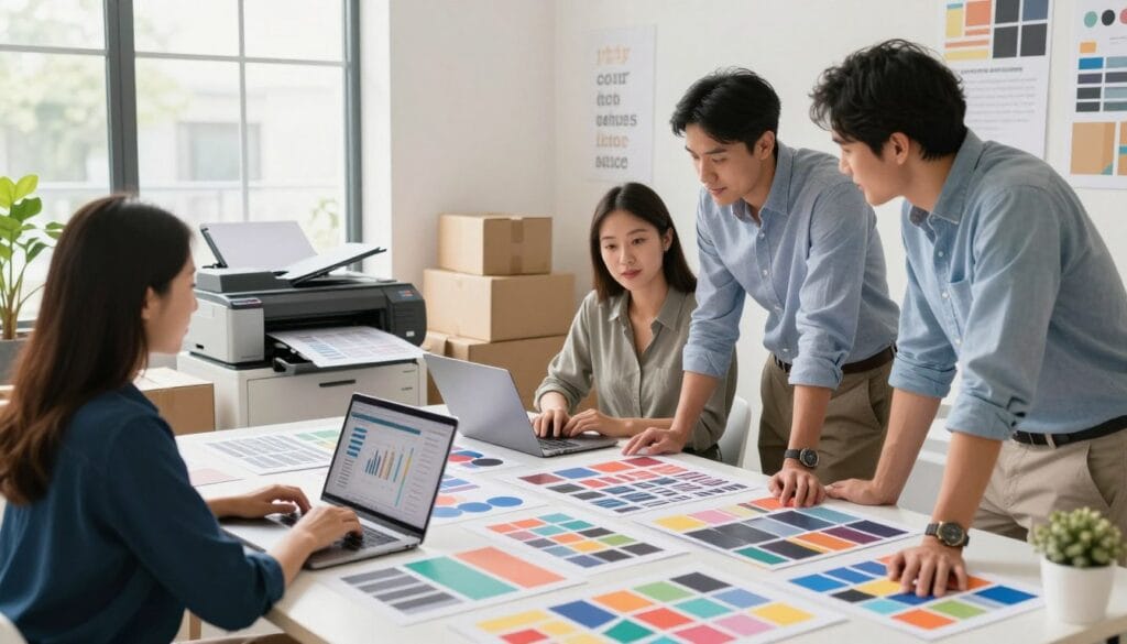 A vibrant and dynamic workspace showcasing the growth of a print-on-demand business. In the foreground, a diverse group of three professionals—one woman and two men—are collaborating around a large table filled with colorful prints and design mock-ups. They're dressed in smart casual attire, engaged in discussion, with laptops open displaying sales charts. In the middle ground, a printer is processing orders, surrounded by shipping boxes and rolls of fabric, illustrating productivity and efficiency. The background features a bright, modern office with inspirational quotes on the walls and sunlight streaming in through large windows, creating an optimistic atmosphere. Soft focus on elements outside the main action gives a sense of community and innovation.