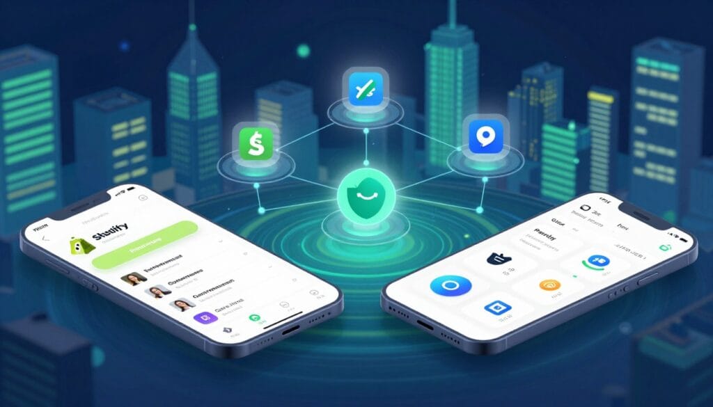 A vibrant digital landscape showcasing an app store ecosystem tailored for e-commerce platforms, prominently featuring Shopify apps on one side and WooCommerce plugins on the other. In the foreground, sleek app icons representing various functionalities like payment processing, inventory management, and marketing tools, visually distinct yet unified by a tech-inspired design. The middle ground displays an abstract representation of a marketplace, with interconnected nodes symbolizing integration and synergy between Shopify and WooCommerce. The background features a futuristic city skyline illuminated by soft blue and green lights, creating an innovative and dynamic atmosphere. The perspective is slightly elevated, giving a bird's-eye view. Utilize a soft-focus lens effect to enhance the depth and create a professional, polished look. Emphasize a collaborative mood, reflecting the continuous growth of e-commerce solutions. A vibrant digital landscape showcasing an app store ecosystem tailored for e-commerce platforms, prominently featuring Shopify apps on one side and WooCommerce plugins on the other. In the foreground, sleek app icons representing various functionalities like payment processing, inventory management, and marketing tools, visually distinct yet unified by a tech-inspired design. The middle ground displays an abstract representation of a marketplace, with interconnected nodes symbolizing integration and synergy between Shopify and WooCommerce. The background features a futuristic city skyline illuminated by soft blue and green lights, creating an innovative and dynamic atmosphere. The perspective is slightly elevated, giving a bird's-eye view. Utilize a soft-focus lens effect to enhance the depth and create a professional, polished look. Emphasize a collaborative mood, reflecting the continuous growth of e-commerce solutions.