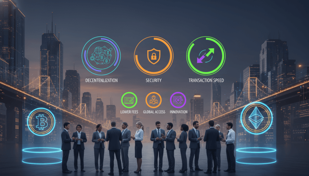 A vibrant infographic illustrating the benefits of cryptocurrency. In the foreground, a diverse group of professionals in business attire are engaged in a discussion, surrounded by visual representations of cryptocurrency symbols like Bitcoin and Ethereum. The middle layer features colorful pie charts and icons highlighting benefits such as decentralization, security, and transaction speed, each accompanied by simple, clear visuals. The background showcases a digital city skyline at dusk, with glowing lights and a futuristic feel, symbolizing technological advancement. Soft, ambient lighting enhances the image, creating a professional yet inviting atmosphere. Use a slightly elevated angle to capture the depth of the scene, ensuring a clean and organized layout that focuses on clarity. A vibrant infographic illustrating the benefits of cryptocurrency. In the foreground, a diverse group of professionals in business attire are engaged in a discussion, surrounded by visual representations of cryptocurrency symbols like Bitcoin and Ethereum. The middle layer features colorful pie charts and icons highlighting benefits such as decentralization, security, and transaction speed, each accompanied by simple, clear visuals. The background showcases a digital city skyline at dusk, with glowing lights and a futuristic feel, symbolizing technological advancement. Soft, ambient lighting enhances the image, creating a professional yet inviting atmosphere. Use a slightly elevated angle to capture the depth of the scene, ensuring a clean and organized layout that focuses on clarity.