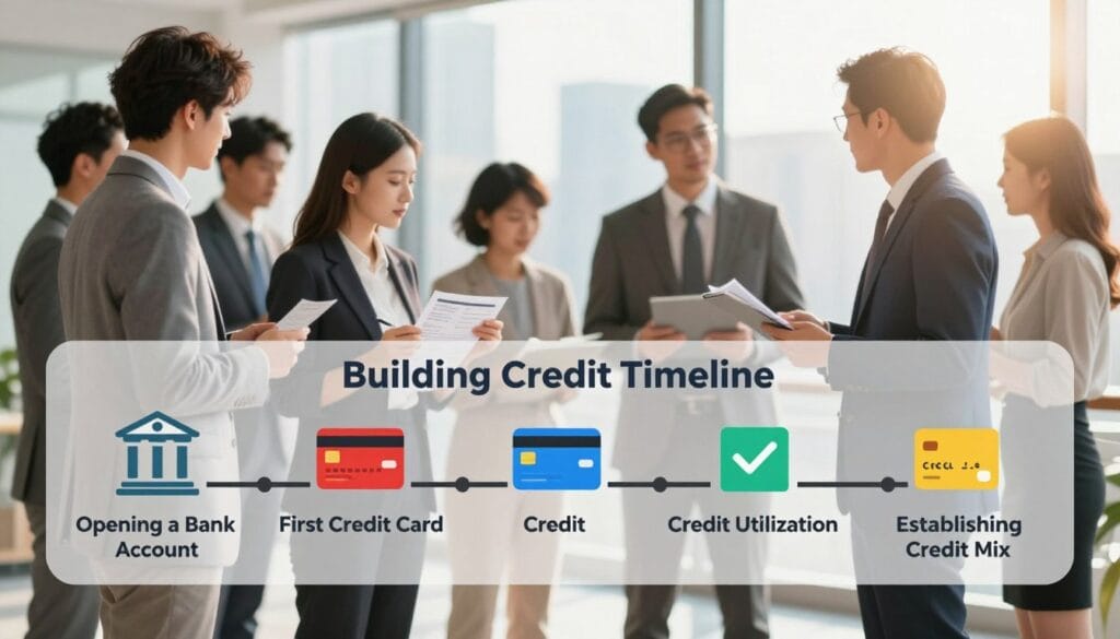 A visually engaging "Building Credit Timeline" illustration. In the foreground, a clear timeline stretching from left to right, marked with key milestones like "Opening a Bank Account," "First Credit Card," "Credit Utilization," and "Establishing Credit Mix." Each milestone represented as a colorful icon or symbol, such as a bank for the first milestone and a credit card for the second. In the middle ground, a diverse group of people in professional business attire, including an individual reviewing their credit report and another discussing with a financial advisor, reflecting collaboration and learning. The background should feature a soft-focus cityscape during the day, with sunlight pouring through, creating a positive and hopeful atmosphere. The composition is well-lit, with a slightly elevated angle to emphasize the timeline and surrounding interactions. A visually engaging "Building Credit Timeline" illustration. In the foreground, a clear timeline stretching from left to right, marked with key milestones like "Opening a Bank Account," "First Credit Card," "Credit Utilization," and "Establishing Credit Mix." Each milestone represented as a colorful icon or symbol, such as a bank for the first milestone and a credit card for the second. In the middle ground, a diverse group of people in professional business attire, including an individual reviewing their credit report and another discussing with a financial advisor, reflecting collaboration and learning. The background should feature a soft-focus cityscape during the day, with sunlight pouring through, creating a positive and hopeful atmosphere. The composition is well-lit, with a slightly elevated angle to emphasize the timeline and surrounding interactions.
