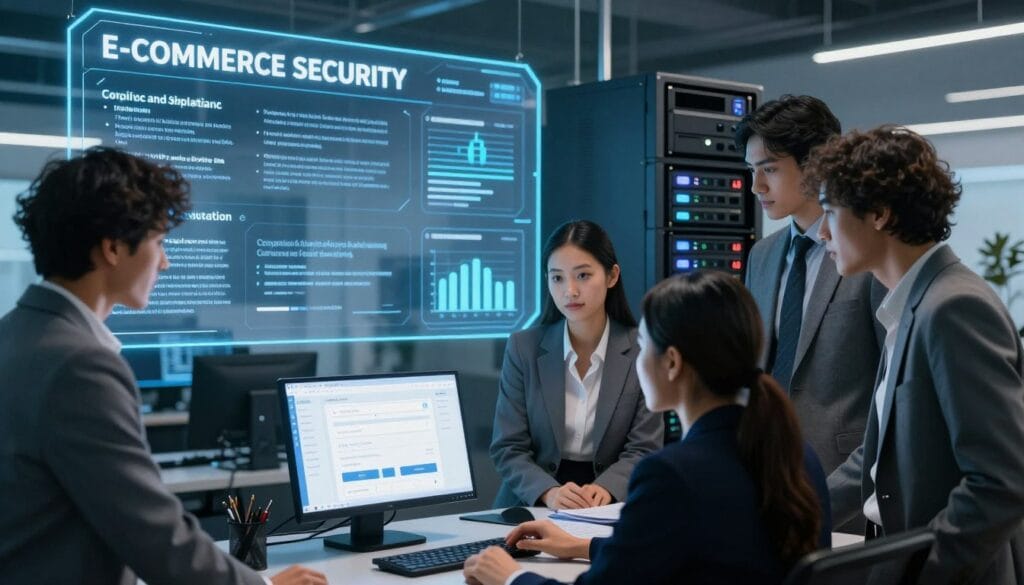 A visually engaging scene depicting the concept of security and compliance in e-commerce platforms. In the foreground, a diverse group of professionals in smart business attire is gathered around a digital device displaying a secure checkout interface, analyzing data with focused expressions. The middle ground features a large, transparent screen outlining compliance regulations and cybersecurity measures, illuminated with a soft blue light. In the background, an office setting with high-tech equipment, including firewall systems and encrypted data storage, conveys a sense of advanced technology. The atmosphere is serious yet optimistic, highlighting a commitment to data protection. Soft, diffused lighting enhances the professionalism, while the angle captures a dynamic, collaborative environment, emphasizing teamwork in ensuring e-commerce security. A visually engaging scene depicting the concept of security and compliance in e-commerce platforms. In the foreground, a diverse group of professionals in smart business attire is gathered around a digital device displaying a secure checkout interface, analyzing data with focused expressions. The middle ground features a large, transparent screen outlining compliance regulations and cybersecurity measures, illuminated with a soft blue light. In the background, an office setting with high-tech equipment, including firewall systems and encrypted data storage, conveys a sense of advanced technology. The atmosphere is serious yet optimistic, highlighting a commitment to data protection. Soft, diffused lighting enhances the professionalism, while the angle captures a dynamic, collaborative environment, emphasizing teamwork in ensuring e-commerce security.