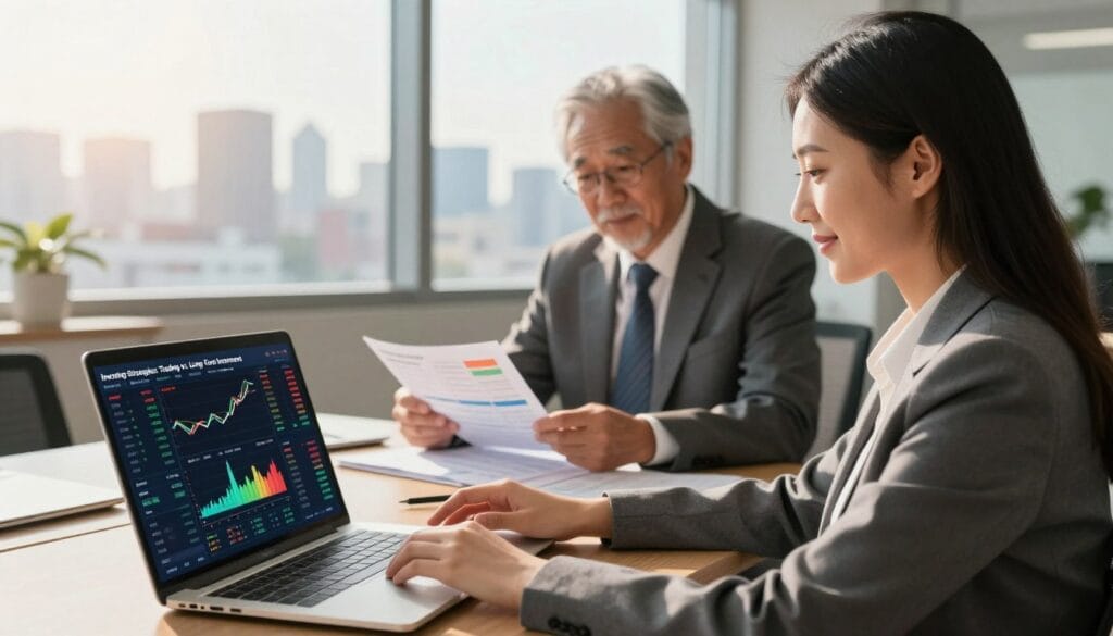 A visually engaging split scene illustrating "Investing Strategies: Trading vs. Long-Term Investment". In the foreground, a confident businesswoman in professional attire, analyzing a digital stock market dashboard on her laptop, with various graphs and charts displayed prominently. In the middle, a calm, sunlit office environment, where a seasoned investor, also dressed in formal business attire, reviews a long-term investment portfolio filled with colorful documents and notes. The background features a large window showcasing a city skyline, symbolizing growth and opportunity. Use warm lighting to create an inviting atmosphere, while a lens with a slight depth of field softly blurs the background, focusing on the two individuals. The overall mood reflects determination and strategic thinking, suitable for a professional audience.