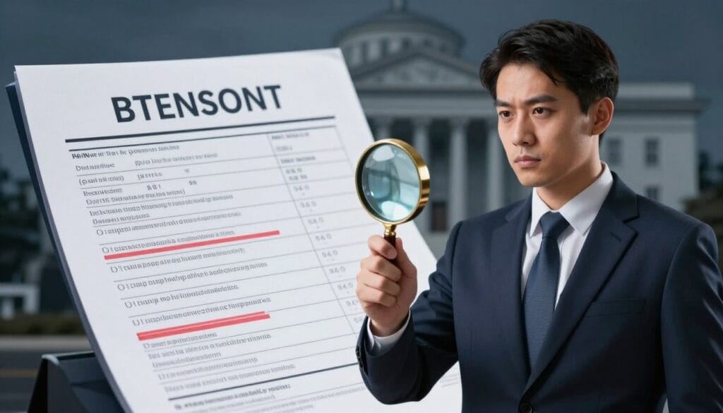 A visually striking illustration focusing on IRS enforcement and penalties related to cryptocurrency taxes. In the foreground, a stern, professional-looking IRS agent dressed in a sharp business suit holds a magnifying glass, symbolizing scrutiny. In the middle, a large, detailed ledger filled with cryptocurrency symbols, tax forms, and red ink highlighting penalties, emphasizes the financial consequences of non-reporting. The background features a shadowy, imposing government building, illustrating authority and enforcement. Soft lighting casts a serious mood, with cool tones creating a sense of urgency and caution. The angle is slightly tilted to add dramatic emphasis, drawing attention to the key elements of oversight and compliance in cryptocurrency taxation.