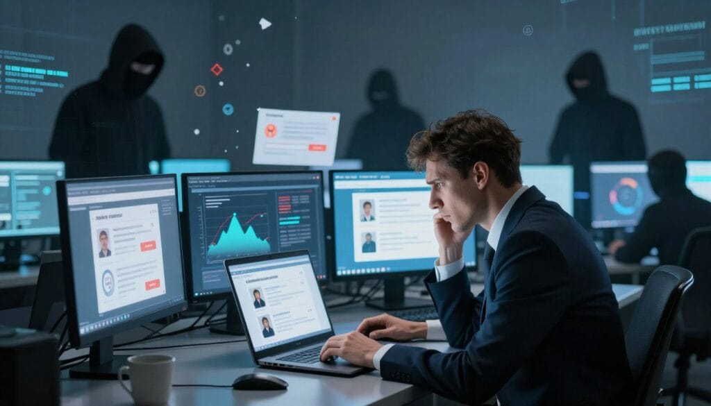A visually striking illustration of identity theft tactics and methods, showcasing a split scene. In the foreground, a well-dressed businessperson is seated at a desk, looking concerned as they examine a laptop displaying suspicious notifications. In the middle, multiple screens show various tactics such as phishing emails, data breaches, and identity theft methods, depicted through digital illustrations and graphs. The background features shadowy figures, representing thieves, in a dim, cyber-themed environment with codes and symbols subtly floating in the air. The overall mood is tense and cautionary, with cool blue and gray lighting creating a sense of urgency and seriousness. The composition is shot from a slightly elevated angle, providing a comprehensive view of the scenario without any text or overlays.