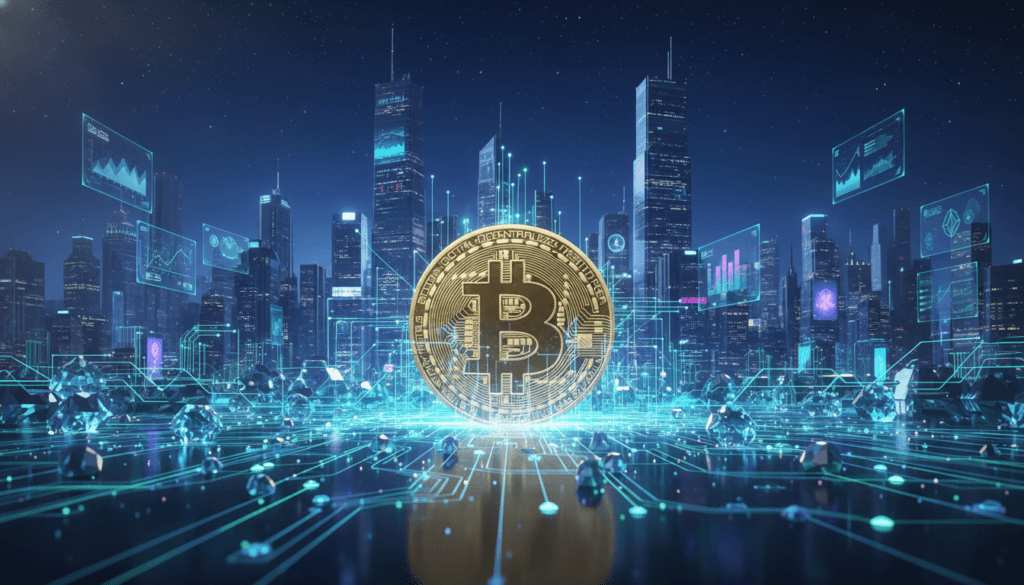 A visually striking overview of Bitcoin, set in a dynamic digital landscape. In the foreground, a large, glowing Bitcoin symbol surrounded by intricate circuit patterns and glowing blockchain nodes. The middle ground features a stylized representation of a decentralized network, with interconnected nodes and data streams. In the background, a futuristic city skyline with holographic displays and a dark blue sky dotted with stars, evoking a sense of advanced technology. Soft, ambient lighting enhances the scene, creating a sleek and modern atmosphere. The overall mood is professional and informative, ideal for illustrating the concept of Bitcoin and its workings in an accessible way. A visually striking overview of Bitcoin, set in a dynamic digital landscape. In the foreground, a large, glowing Bitcoin symbol surrounded by intricate circuit patterns and glowing blockchain nodes. The middle ground features a stylized representation of a decentralized network, with interconnected nodes and data streams. In the background, a futuristic city skyline with holographic displays and a dark blue sky dotted with stars, evoking a sense of advanced technology. Soft, ambient lighting enhances the scene, creating a sleek and modern atmosphere. The overall mood is professional and informative, ideal for illustrating the concept of Bitcoin and its workings in an accessible way.
