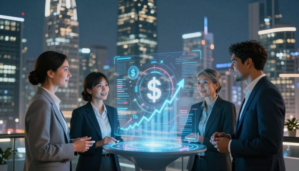 A visually striking representation of trust in AI financial models. In the foreground, a diverse group of three professionals in smart business attire—two men and one woman—are engaged in a discussion, examining futuristic digital financial data on a holographic display. In the middle, abstract representations of AI algorithms and data analytics appear, visually intertwined with images of dollar signs and upward-trending graphs, symbolizing growth and trust. The background features a sleek, modern office skyline illuminated by soft, ambient lighting, creating a sense of optimism and innovation. The atmosphere is vibrant yet professional, reflecting the potential of AI in reshaping finance for 2026. Use a wide-angle lens effect to capture the depth of the scene, with a focus on the engaging interaction among the professionals.