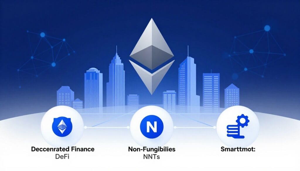 An informative and visually appealing infographic showcasing an overview of Ethereum applications. In the foreground, illustrated icons representing different use cases such as decentralized finance (DeFi), non-fungible tokens (NFTs), and smart contracts, with subtle lines connecting them. The middle ground features a stylized, modern city skyline symbolizing innovation and technology, while the background includes a deep blue gradient with abstract blockchain patterns to convey security and connectivity. Soft, ambient lighting creates a professional atmosphere. The composition is from a slightly elevated angle to give a comprehensive view of the Ethereum ecosystem, with a clean and futuristic aesthetic. No text or logos present, ensuring a focused visual representation.