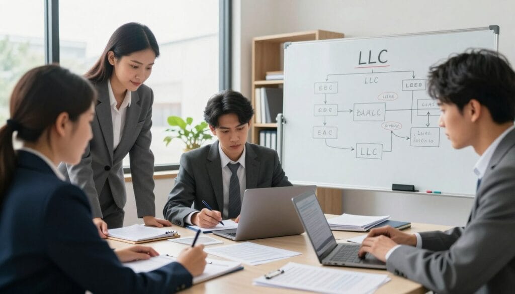 An organized workspace portraying the process of starting an LLC. In the foreground, a diverse group of three professionals in business attire is gathered around a table filled with paperwork, laptops, and a large whiteboard showcasing a flowchart of LLC formation steps. In the middle, a focused individual is writing notes, while another uses a laptop to research legal requirements. Background elements include a large window with soft natural lighting illuminating the room, and shelves filled with business books and folders. The atmosphere is collaborative and focused, reflecting determination and clarity in the entrepreneurial journey. The angle captures the dynamic interactions among the group, emphasizing teamwork and guidance in the process of starting an LLC. An organized workspace portraying the process of starting an LLC. In the foreground, a diverse group of three professionals in business attire is gathered around a table filled with paperwork, laptops, and a large whiteboard showcasing a flowchart of LLC formation steps. In the middle, a focused individual is writing notes, while another uses a laptop to research legal requirements. Background elements include a large window with soft natural lighting illuminating the room, and shelves filled with business books and folders. The atmosphere is collaborative and focused, reflecting determination and clarity in the entrepreneurial journey. The angle captures the dynamic interactions among the group, emphasizing teamwork and guidance in the process of starting an LLC.