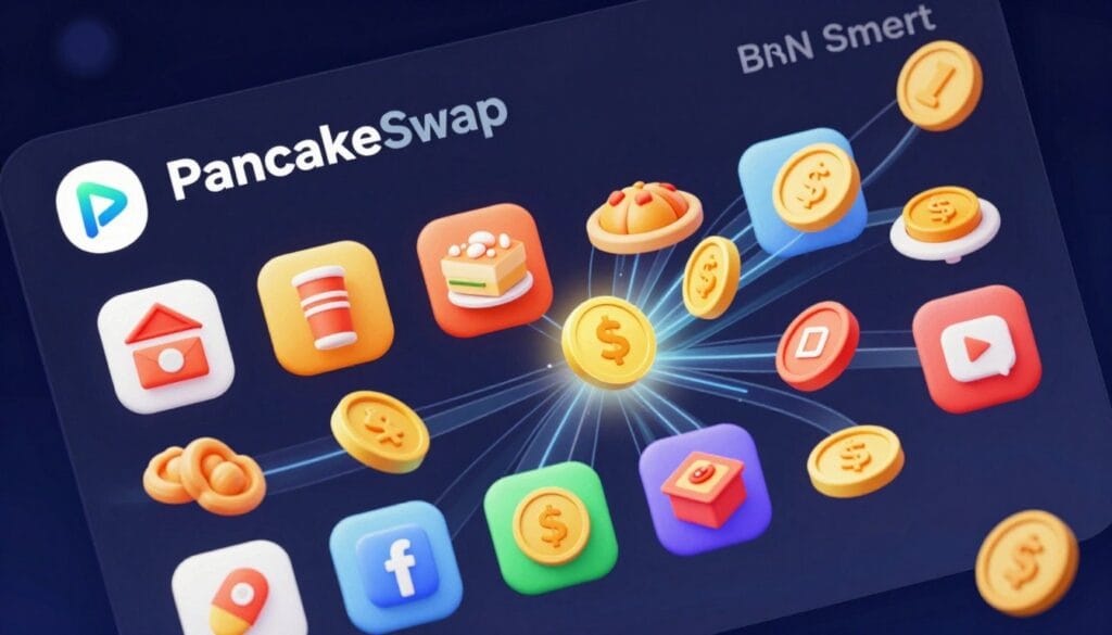A 3D isometric view of the PancakeSwap DEX interface, featuring stylized food-themed icons, vibrant colors, and flowing digital tokens on the BNB Smart Chain network, high-speed motion effects.