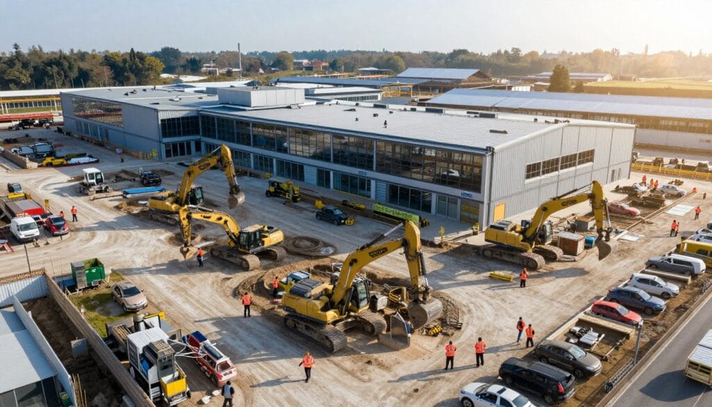 A bird's-eye view of a modern construction site for a new regional business hub, heavy machinery, orange safety vests, crisp morning light. A bird's-eye view of a modern construction site for a new regional business hub, heavy machinery, orange safety vests, crisp morning light.
