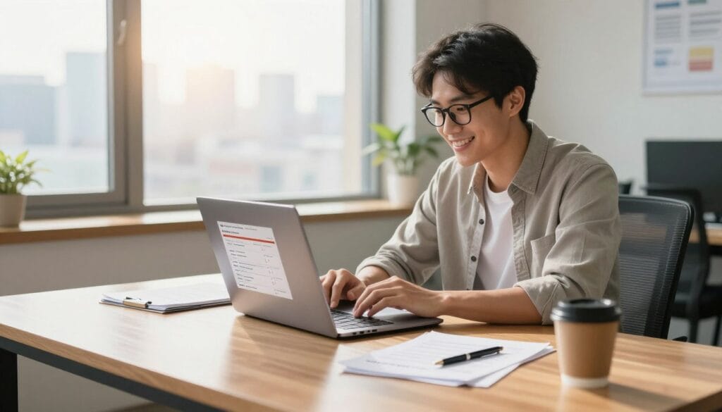A bright and inviting office setting with a large wooden desk at the forefront, displaying an open laptop showing various investment account options. On the desk, neatly organized documents, pens, and a coffee cup create a welcoming atmosphere. In the middle ground, a friendly young professional in business casual attire is analyzing investment platforms on their laptop, wearing glasses and smiling, appearing confident and engaged. In the background, a window lets in warm natural light, with a view of a city skyline, adding depth and context. The mood is optimistic and approachable, encouraging beginners to feel secure about their investment choices, with soft focus on the background to emphasize the subject. A bright and inviting office setting with a large wooden desk at the forefront, displaying an open laptop showing various investment account options. On the desk, neatly organized documents, pens, and a coffee cup create a welcoming atmosphere. In the middle ground, a friendly young professional in business casual attire is analyzing investment platforms on their laptop, wearing glasses and smiling, appearing confident and engaged. In the background, a window lets in warm natural light, with a view of a city skyline, adding depth and context. The mood is optimistic and approachable, encouraging beginners to feel secure about their investment choices, with soft focus on the background to emphasize the subject.