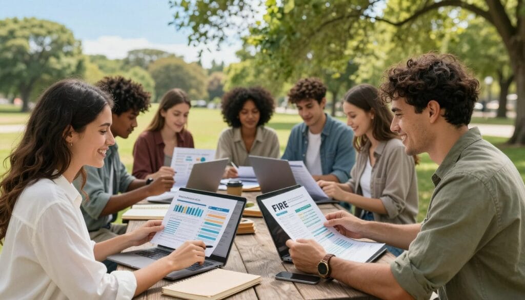 A bright, inspiring scene depicting a diverse group of young adults engaged in activities that represent the FIRE (Financial Independence, Retire Early) movement. In the foreground, a joyful couple sits at a picnic table, reviewing investment portfolios and budgeting plans with laptops and notebooks, dressed in smart casual attire. In the middle ground, friends are discussing their entrepreneurial ventures and side hustles, surrounded by resources like books and financial charts. The background features a tranquil park with lush greenery and a clear blue sky, symbolizing freedom and relaxation. Soft, natural lighting emphasizes a warm, optimistic atmosphere. The angle is slightly elevated to capture the group dynamics and the scenic beauty around them, reflecting the essence of financial independence and community support.